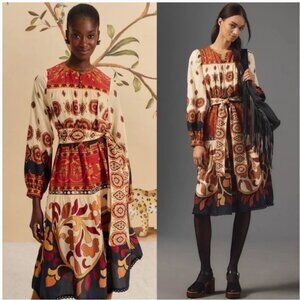FARM Rio Ainika Tiles Midi Dress Women's Small Bohemian Cream Orange Long Sleeve